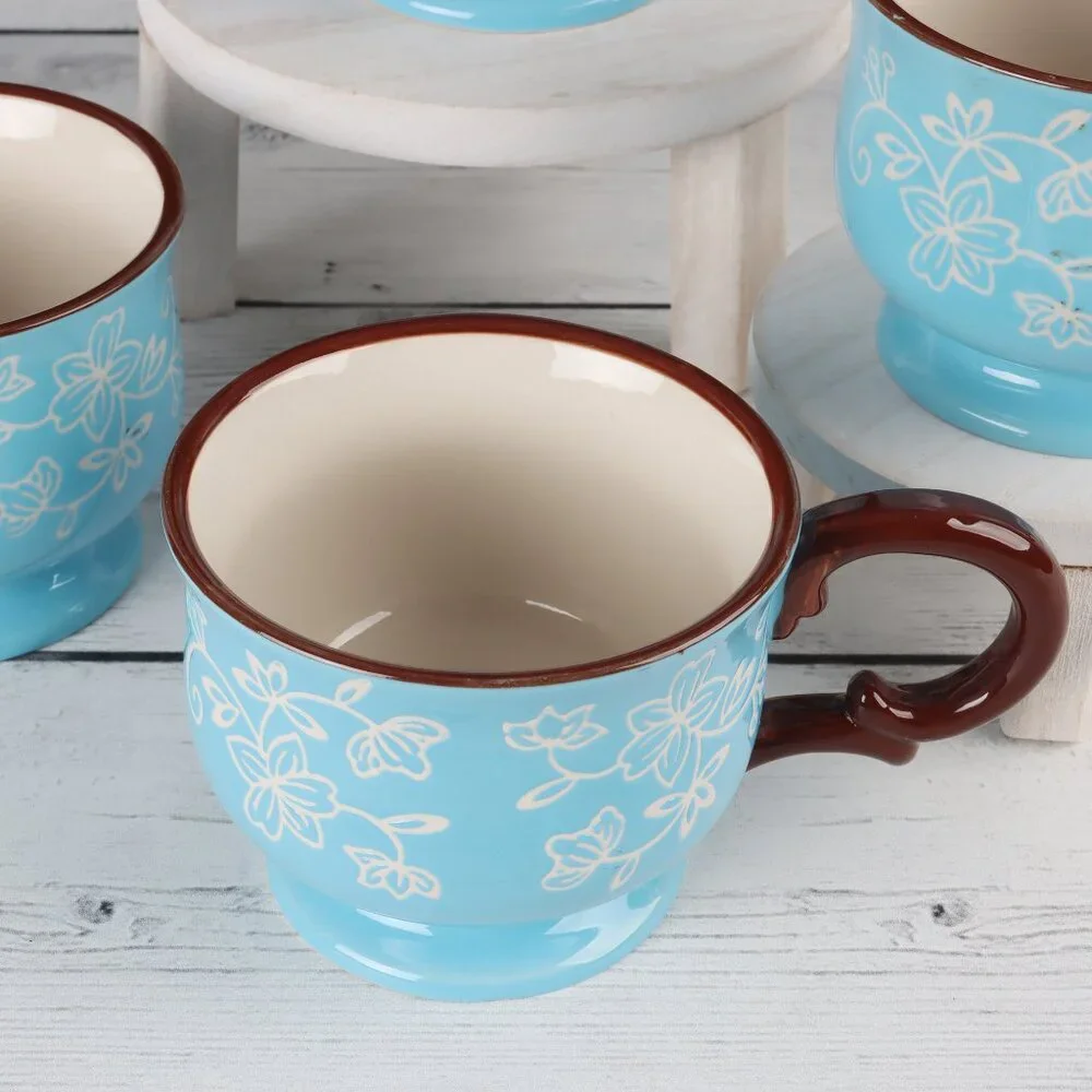 Tempt-ations Floral Lace Light Blue 10 oz Footed Tea Cups Set of 4 Rare Find!